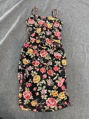 Ambiance Black Floral Midi Slip Dress with Pink & Yellow Roses